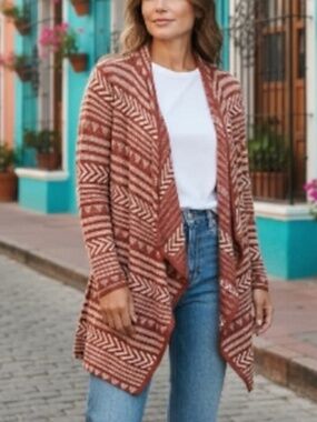 Lucy Brand - Aztec Geo Stitch Southwestern Drape Orange Cotton Cardigan - XL